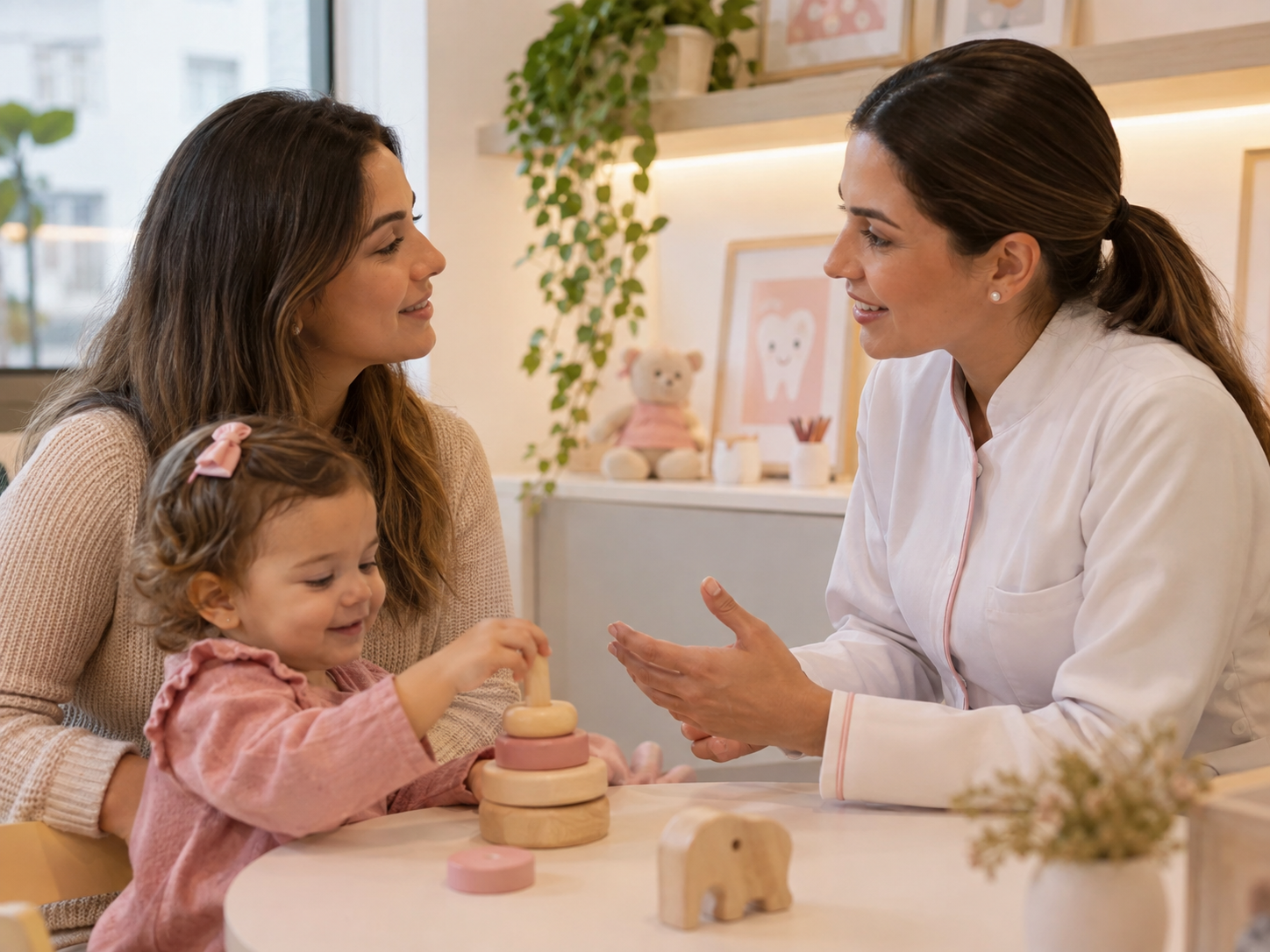Odontopediatra conversando com mãe e criança